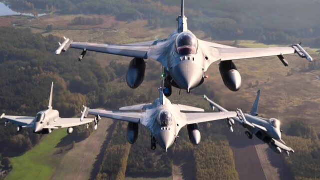 Four F-16 Fighting Falcons Fly in Tight Formation Showcasing Precision, Air Superiority, Combat Readiness, and Tactical Excellence.