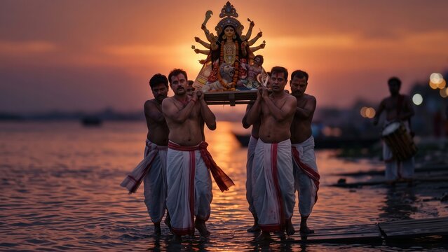Durga Visarjan Procession &ndash; Bijoya Dashami Idol Immersion at Sunset