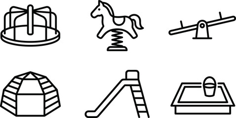 Children Playground Equipment Minimalist Line Icon Set with Slide, Swing, Seesaw, and Sandbox for Mobile App Interface © Taijul
