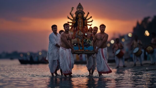 Durga Visarjan Procession &ndash; Bijoya Dashami Idol Immersion at Sunset