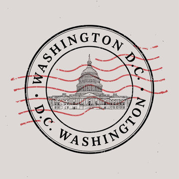 Washington d c postal stamp with capitol building vintage style illustration