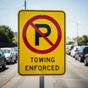 No Parking Towing Enforced Warning Sign On Street With Cars In Background Clear Directions For