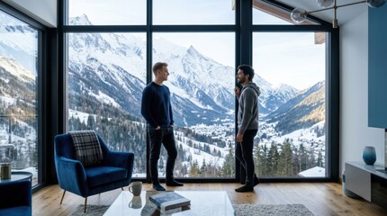 Fototapeta premium Two men conversing in a modern living room with stunning mountain views