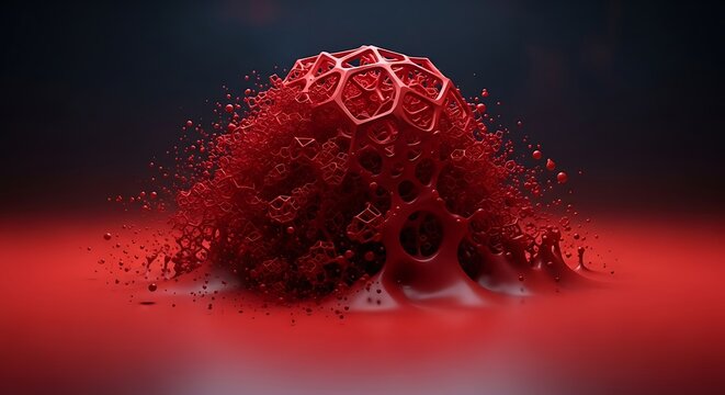 Red geometric sphere with fragmented surface and scattered particles a 3d rendering particle object shape