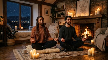 Obraz premium Couple meditating peacefully by a cozy fireplace on a snowy winter evening