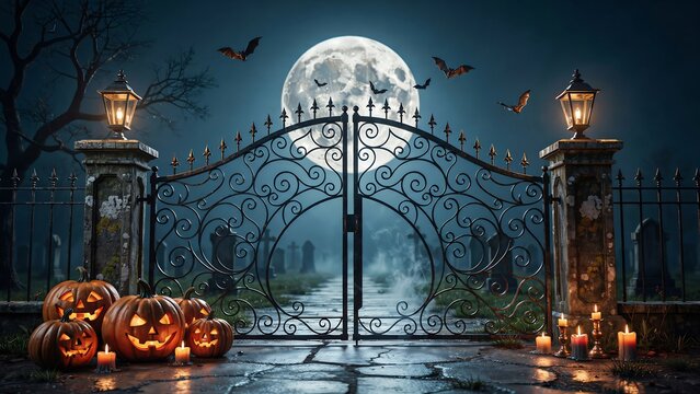 Spooky halloween night scene with carved pumpkins at the entrance of a dark mysterious cemetery gate