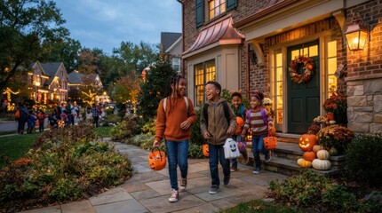 Obraz premium Children happily trick-or-treating on a decorated suburban street at dusk