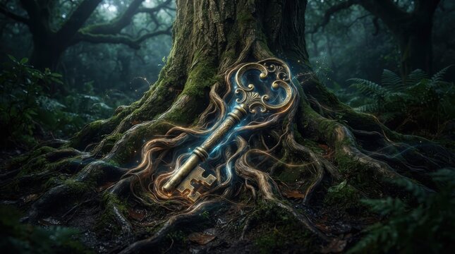 Vintage golden key at the base of an ancient tree in a magical forest