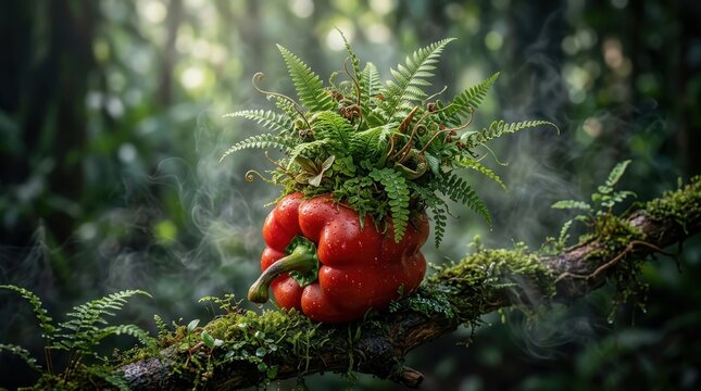 Red bell pepper with fern leaves on mossy branch in forest