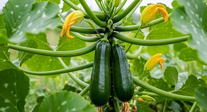 Fresh green zucchini squash growing on a plant with yellow flowers in a home garden