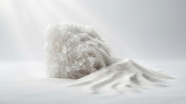 Large crystal of salt dissolving into fine powder
