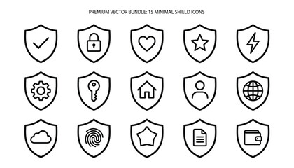 Set of fifteen thin line shield icons representing various security and protection concepts for digital user interfaces © MOHAMMAD ULLAH@