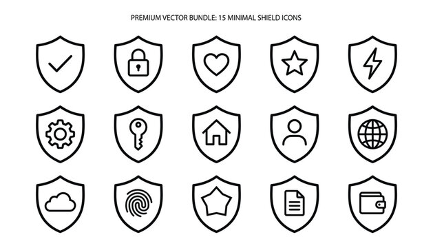 Set of fifteen thin line shield icons representing various security and protection concepts for digital user interfaces