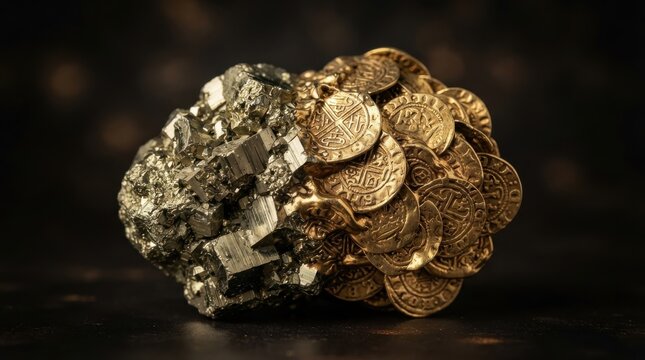 Pyrite crystal cluster merging with ancient gold coins