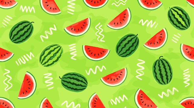 Fresh watermelon slices and whole fruit seamless pattern on green background