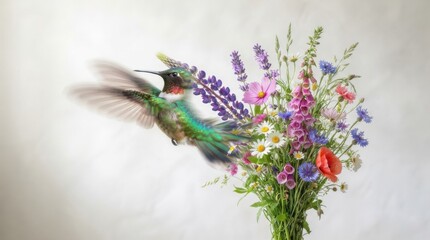 Obraz premium Hummingbird flying near a bouquet of wildflowers
