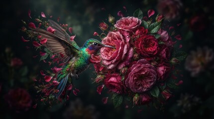 Obraz premium Hummingbird hovering near vibrant red rose bouquet
