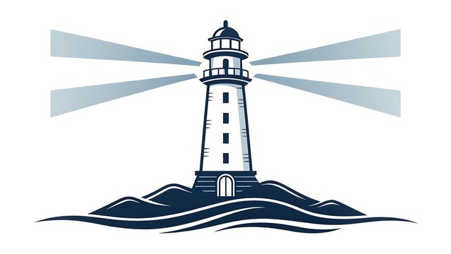 Minimal lighthouse emitting clean geometric light beams, premium maritime branding, flat vector logo, isolated background.