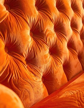 Deep orange velvet upholstery with deep tufting and plush folds