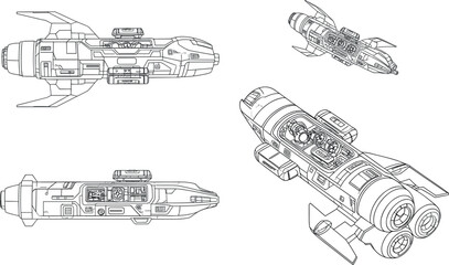 Obraz premium Spaceship blueprint vector set, sci-fi futuristic starship lineart schematic orthographic and perspective views