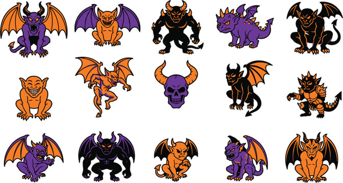Set of cartoon gargoyles and demons