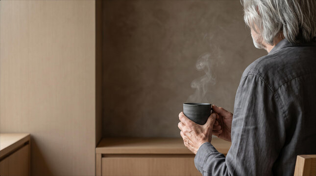 Active Silver Gen Man Holding Steaming Ceramic Coffee Cup In Minimalist Japandi Interior Space Reflective Morning Routine Stealth Wealth Aesthetic Sophisticated Lifestyle Photography, Aging, Mindful