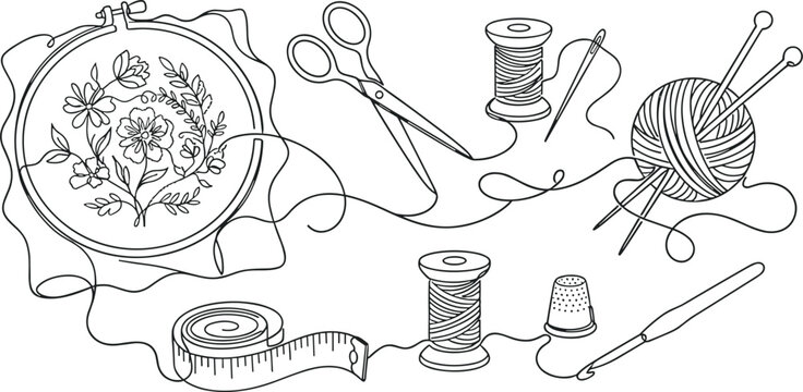 Hand drawn sewing and embroidery kit vector set featuring tools like hoop scissors thread needles and yarn isolated on white background for coloring page