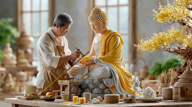 AI generator images of Traditional Thai Buddhist statue wax sculpting, master artisan meticulously carving a full-size Buddha model from beeswax, intricate facial expression, elegant robe folds