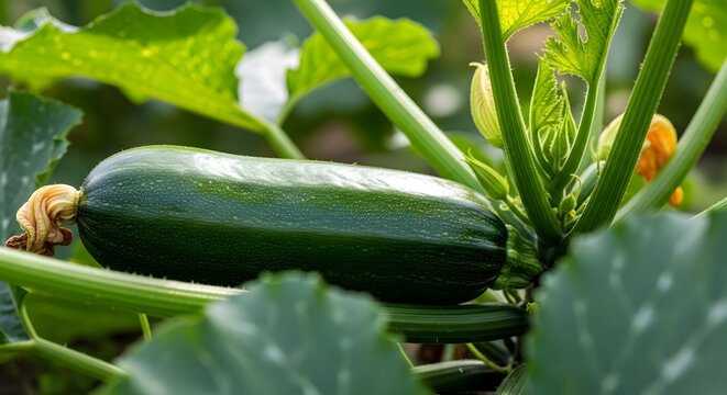 A fresh green zucchini growing on a vibrant leafy vine in a home vegetable garden