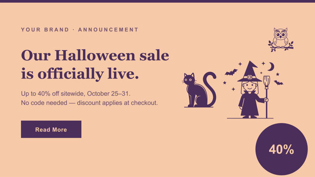 Halloween sale announcement template with witch and cat illustration for website or email marketing campaign