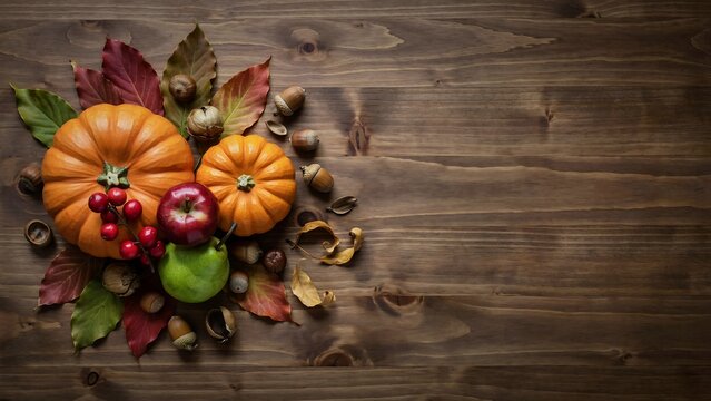 Top view of pumpkins and autumn leaves arranged on a rustic dark wooden background