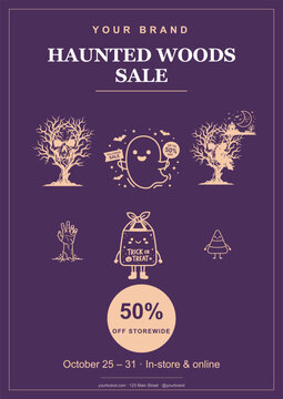 Spooky Halloween sale advertisement template with purple background and golden graphics