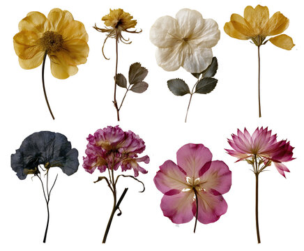 Pressed Dried Flowers PNG Collection Isolated on Transparent Background for Scrapbooking, Collage, Stickers and Botanical Design