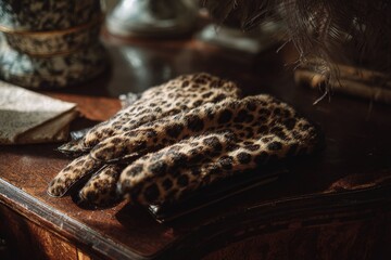 Fototapeta premium jaguar print gloves on wooden table in soft light