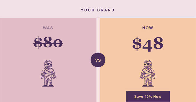 Discount sale promotional graphic with mummy illustration comparing original and discounted prices