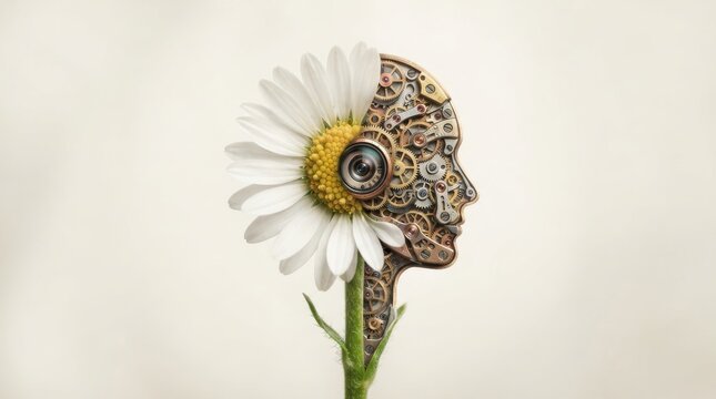 Steampunk human profile silhouette combined with a daisy flower