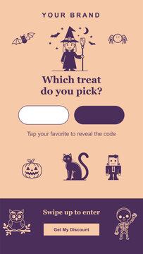 Halloween promotional discount landing page design with cartoon illustrations and interactive elements