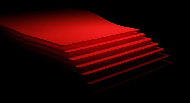 Red layered sheets with a wavy top surface a 3d rendering against a black background