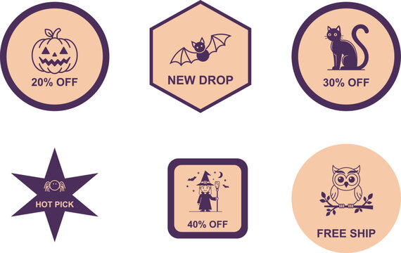 Halloween sale promotional badges with spooky designs and seasonal offers
