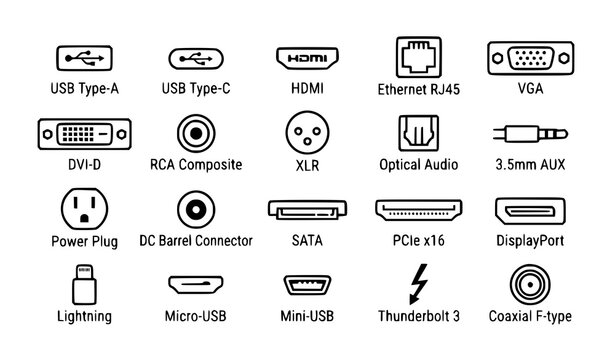 Thin Line Connector and Port Icon Set with USB HDMI DisplayPort and Ethernet Vector