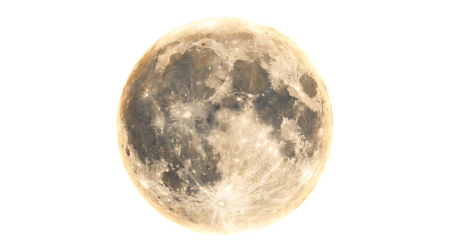 A detailed high resolution photograph of the full moon showing craters and surface textures isolated on transparent background