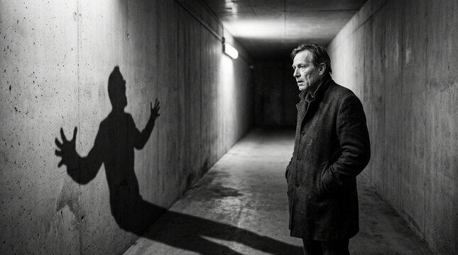 Man confronts his distorted shadow in a concrete underpass