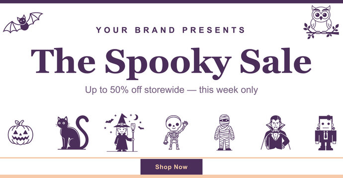 Halloween sale banner template with spooky characters and dark purple design