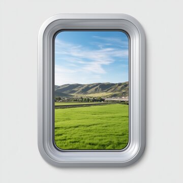 Tranquil scenery seen through a contemporary window showcasing lush fields and gentle hills
