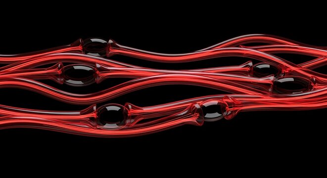 Red wavy lines with spherical nodes a glossy 3d rendering against a black background curve