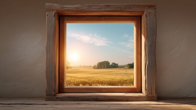 Peaceful landscape of golden fields seen through a rustic window during the early morning light