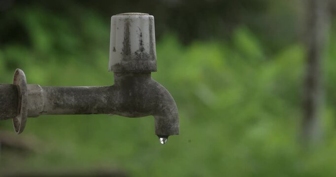 Close up of outdoor water tap with green garden background