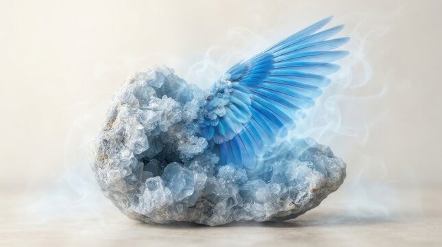 Celestite crystal geode with ethereal blue wing and smoke