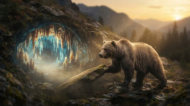 Grizzly bear near glowing mountain cave at sunset