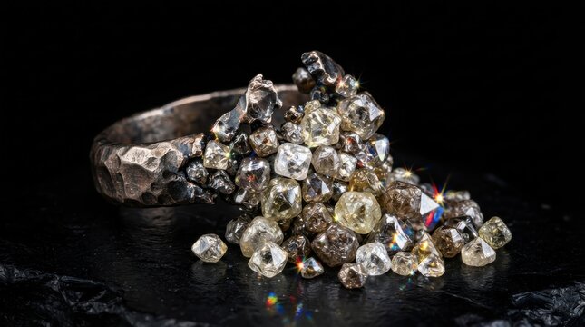 Raw diamonds and hammered rustic metal ring on dark surface
